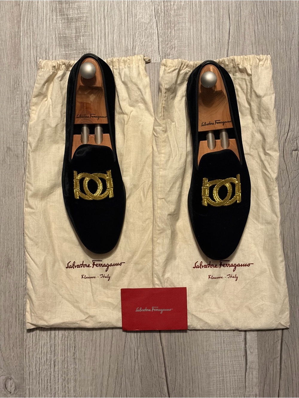 Salvatore Ferragamo Double Gancini Velvet Loafers Black Gold Men’s 9